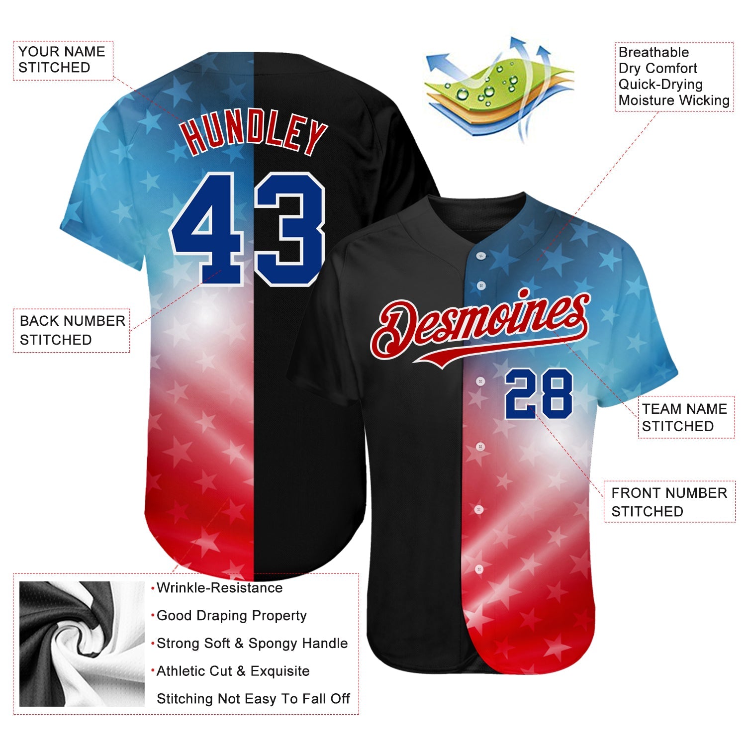 Custom Black Royal-Red 3D American Flag Fashion Authentic Baseball Jersey - Sky-Custom
