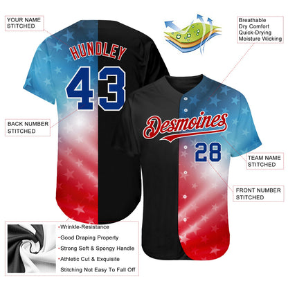 Custom Black Royal-Red 3D American Flag Fashion Authentic Baseball Jersey - Sky-Custom