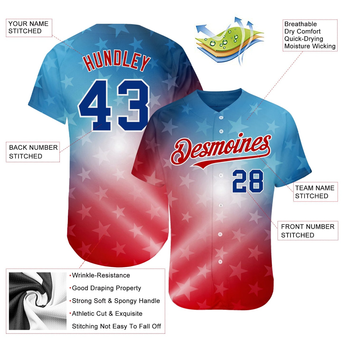 Custom Red Royal-Black 3D American Flag Fashion Authentic Baseball Jersey - Sky-Custom
