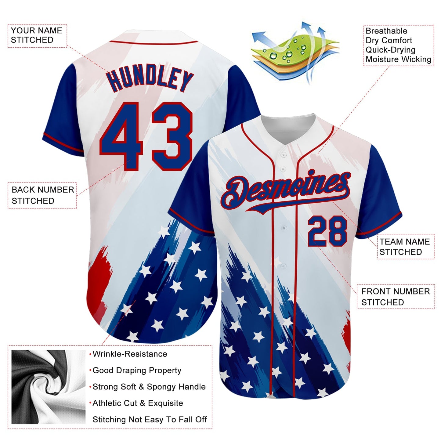Custom White Royal-Red 3D American Flag Fashion Authentic Baseball Jersey - Sky-Custom
