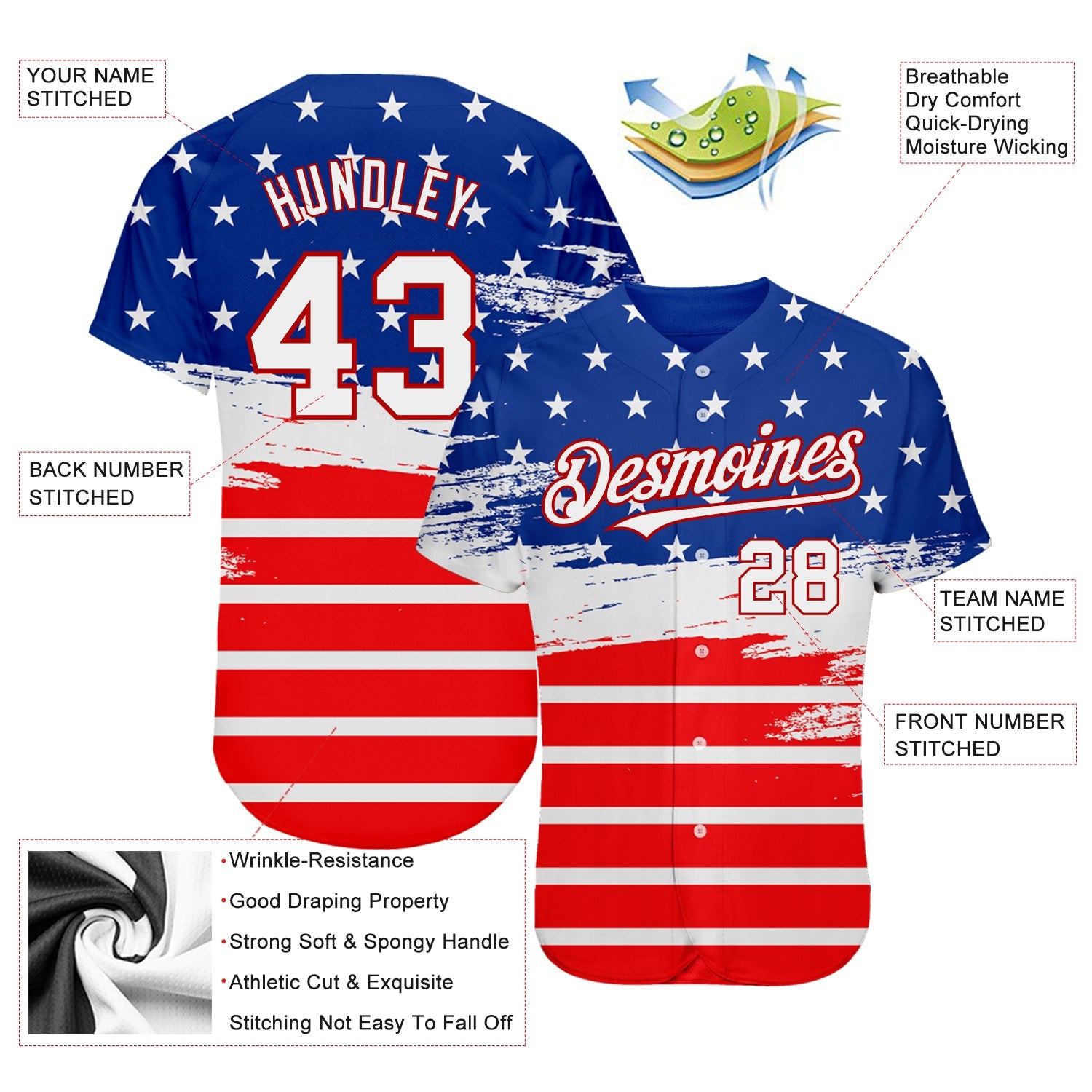 Custom Royal White-Red 3D American Flag Fashion Authentic Baseball Jersey - Sky-Custom