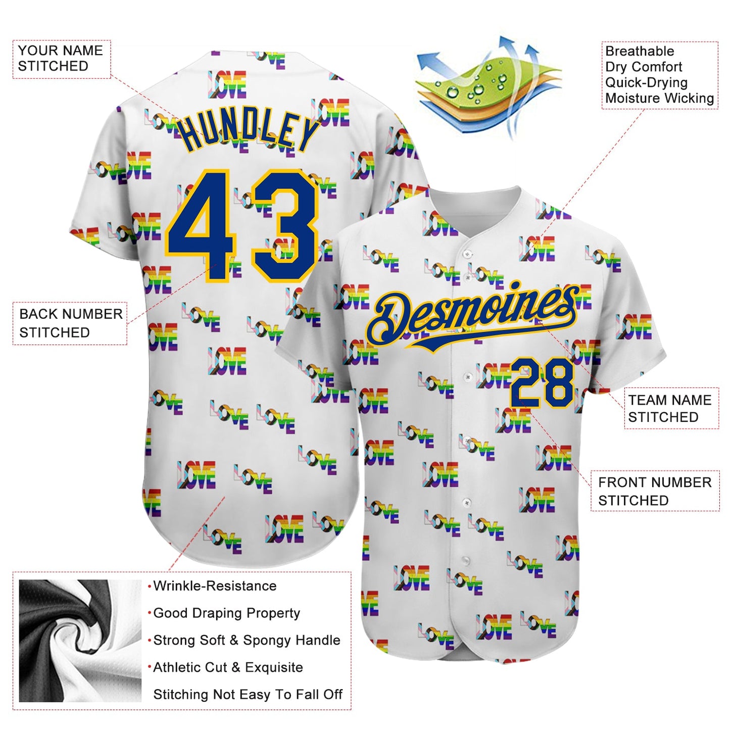 Custom Rainbow For Pride Month Love Is Love LGBT 3D Authentic Baseball Jersey - Sky-Custom