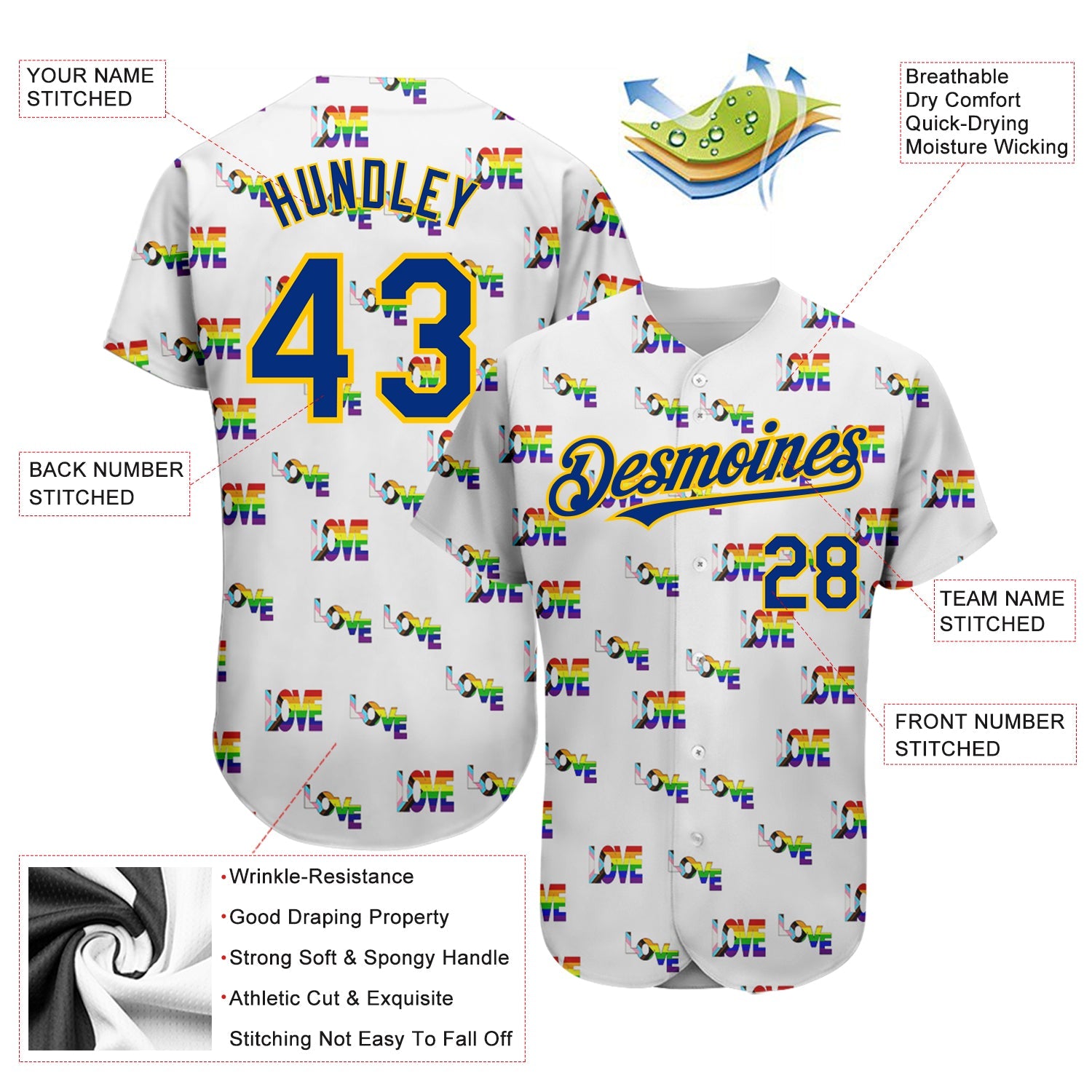 Custom Rainbow For Pride Month Love Is Love LGBT 3D Authentic Baseball Jersey - Sky-Custom
