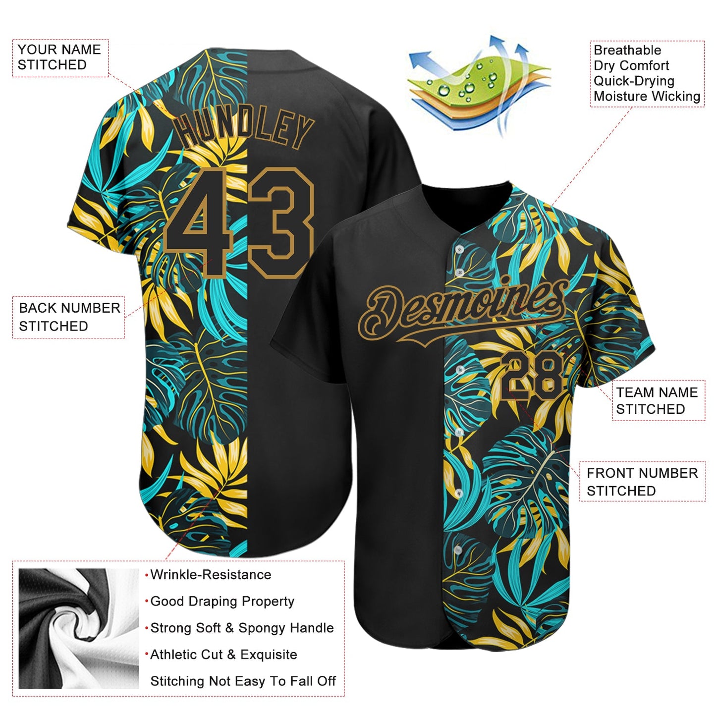 Custom Black Old Gold 3D Pattern Design Hawaii Tropical Palm Leaves Authentic Baseball Jersey - Sky-Custom