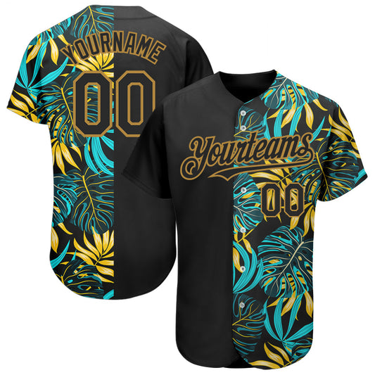 Custom Black Old Gold 3D Pattern Design Hawaii Tropical Palm Leaves Authentic Baseball Jersey - Sky-Custom