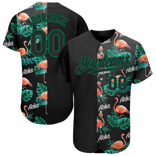 Custom Black Kelly Green 3D Pattern Design Hawaii Flamingos And Leaves Authentic Baseball Jersey - Sky-Custom