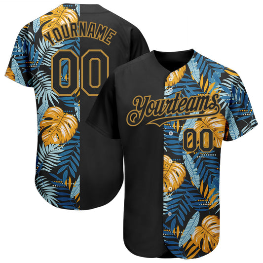 Custom Black Old Gold 3D Pattern Design Hawaii Tropical Leaves Authentic Baseball Jersey - Sky-Custom