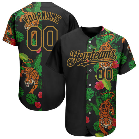 Custom Black Old Gold 3D Pattern Design Hawaii Tropical Tiger Authentic Baseball Jersey - Sky-Custom