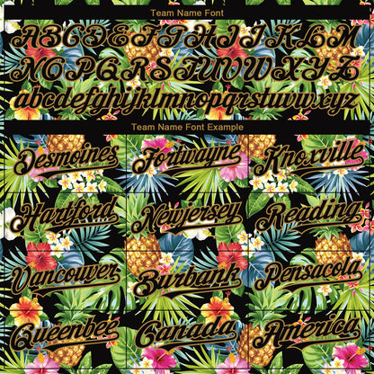 Custom Black Old Gold 3D Pattern Design Hawaii Tropical Pineapples. Palm Leaves And Flowers Authentic Baseball Jersey - Sky-Custom