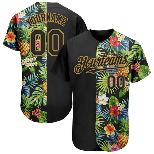 Custom Black Old Gold 3D Pattern Design Hawaii Tropical Pineapples. Palm Leaves And Flowers Authentic Baseball Jersey - Sky-Custom