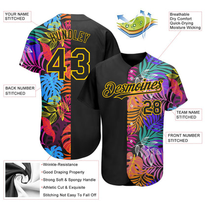 Custom Black Yellow 3D Pattern Design Hawaii Tropical Palm Trees Authentic Baseball Jersey - Sky-Custom