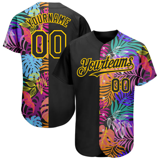 Custom Black Yellow 3D Pattern Design Hawaii Tropical Palm Trees Authentic Baseball Jersey - Sky-Custom