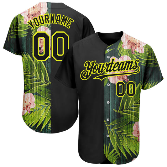 Custom Black Neon Yellow 3D Pattern Design Hawaii Tropical Palm Leaves With Orchids Authentic Baseball Jersey - Sky-Custom