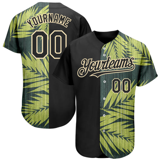Custom Black City Cream 3D Pattern Design Hawaii Tropical Palm Leaves Authentic Baseball Jersey - Sky-Custom