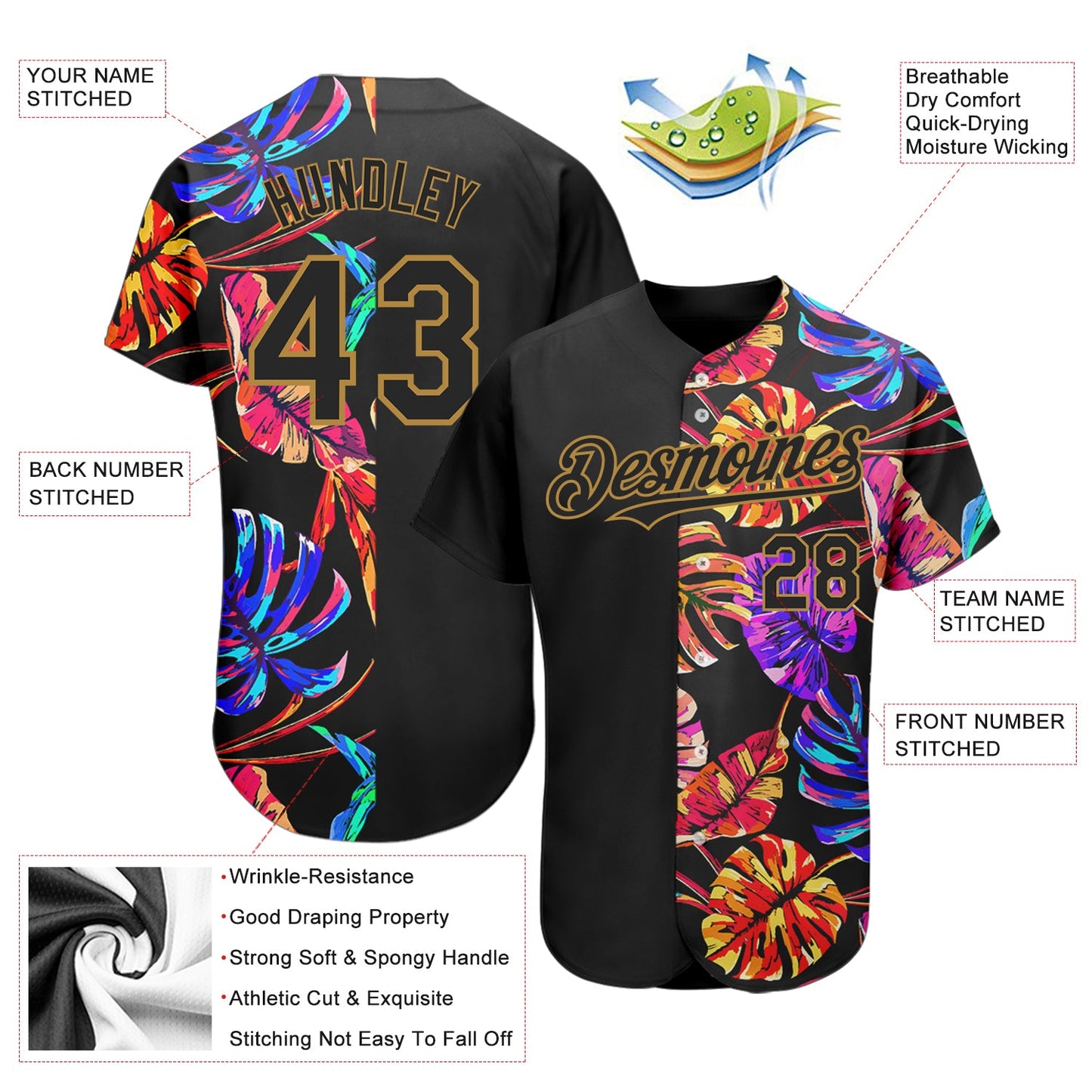 Custom Black Old Gold 3D Pattern Design Hawaii Tropical Palm Leaves Authentic Baseball Jersey - Sky-Custom