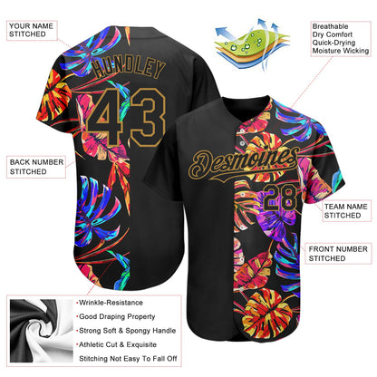 Custom Black Old Gold 3D Pattern Design Hawaii Tropical Palm Leaves Authentic Baseball Jersey - Sky-Custom