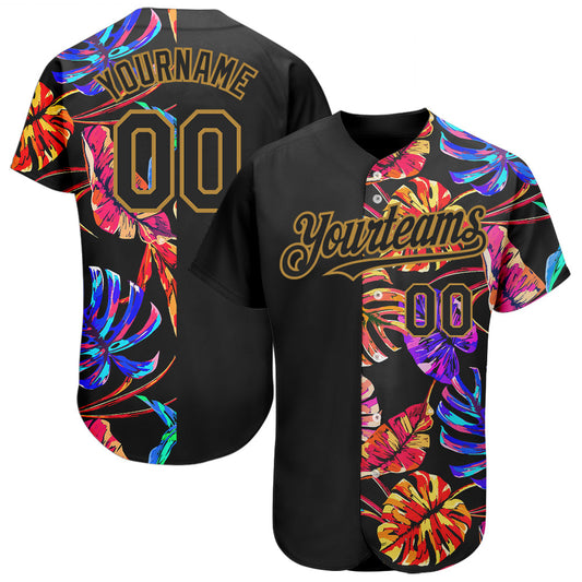 Custom Black Old Gold 3D Pattern Design Hawaii Tropical Palm Leaves Authentic Baseball Jersey - Sky-Custom