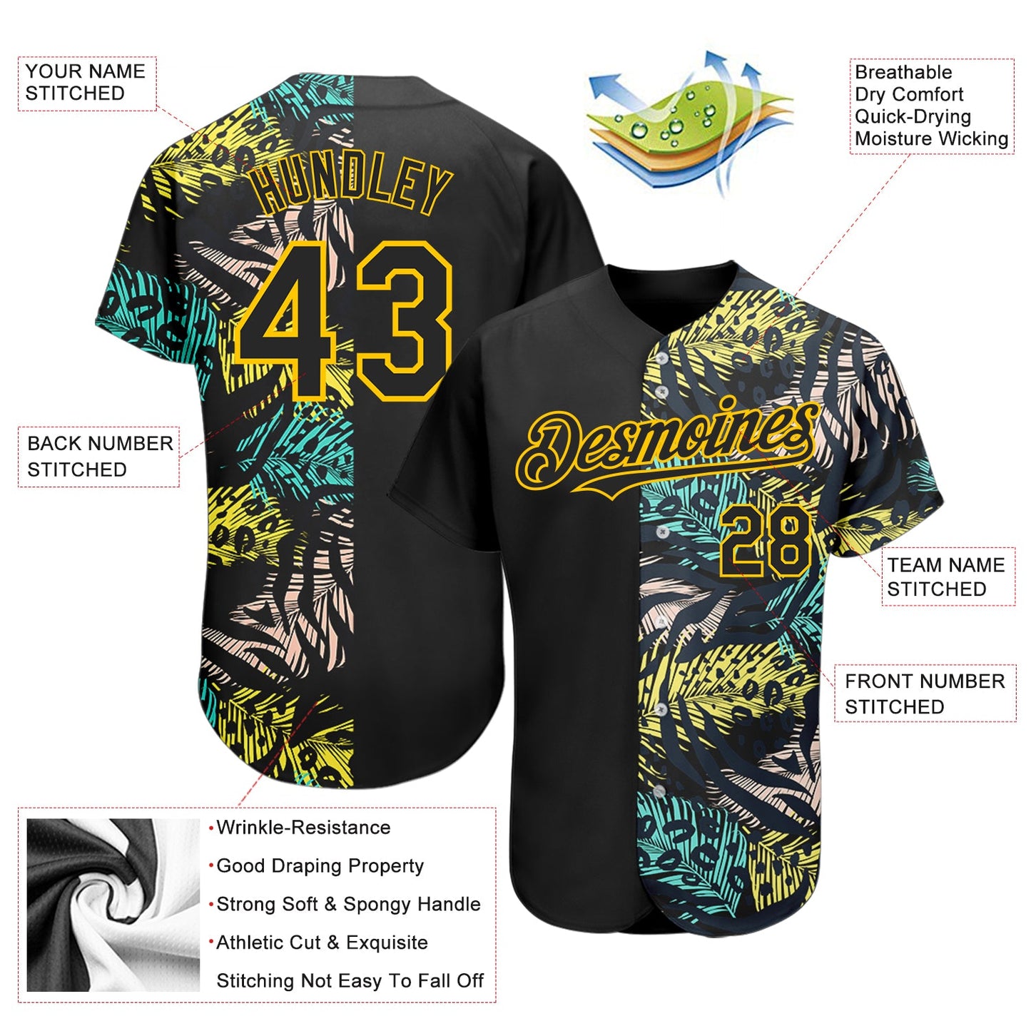 Custom Black Yellow 3D Pattern Design Hawaii Tropical Palm Leaves With Animal Print Authentic Baseball Jersey - Sky-Custom