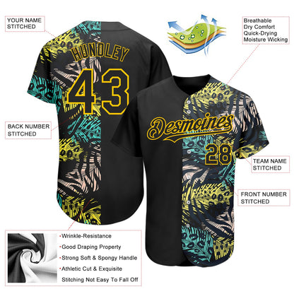 Custom Black Yellow 3D Pattern Design Hawaii Tropical Palm Leaves With Animal Print Authentic Baseball Jersey - Sky-Custom