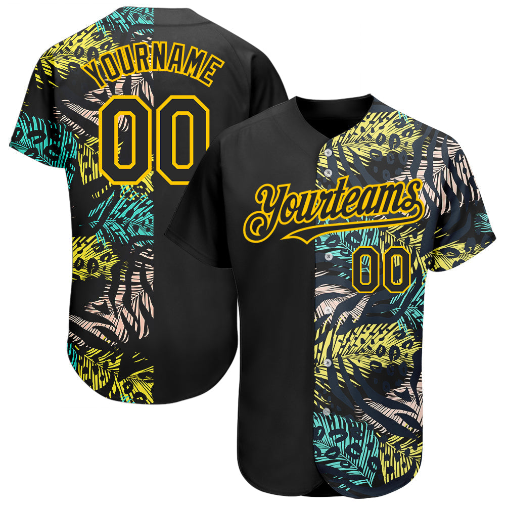 Custom Black Yellow 3D Pattern Design Hawaii Tropical Palm Leaves With Animal Print Authentic Baseball Jersey - Sky-Custom