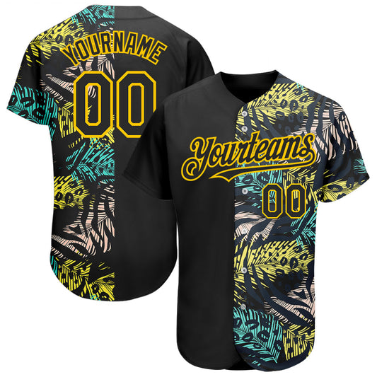Custom Black Yellow 3D Pattern Design Hawaii Tropical Palm Leaves With Animal Print Authentic Baseball Jersey - Sky-Custom