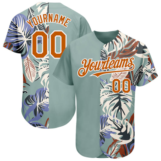 Custom Teal Texas Orange-White 3D Pattern Design Hawaii Tropical Palm Leaves Authentic Baseball Jersey - Sky-Custom