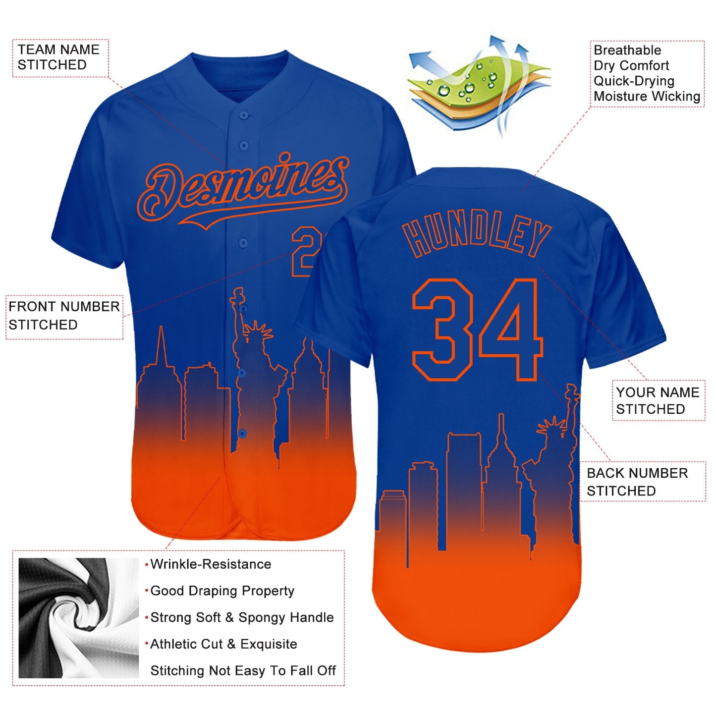 Custom Royal Orange 3D New York City Edition Fade Fasion Authentic Baseball Jersey - Sky-Custom