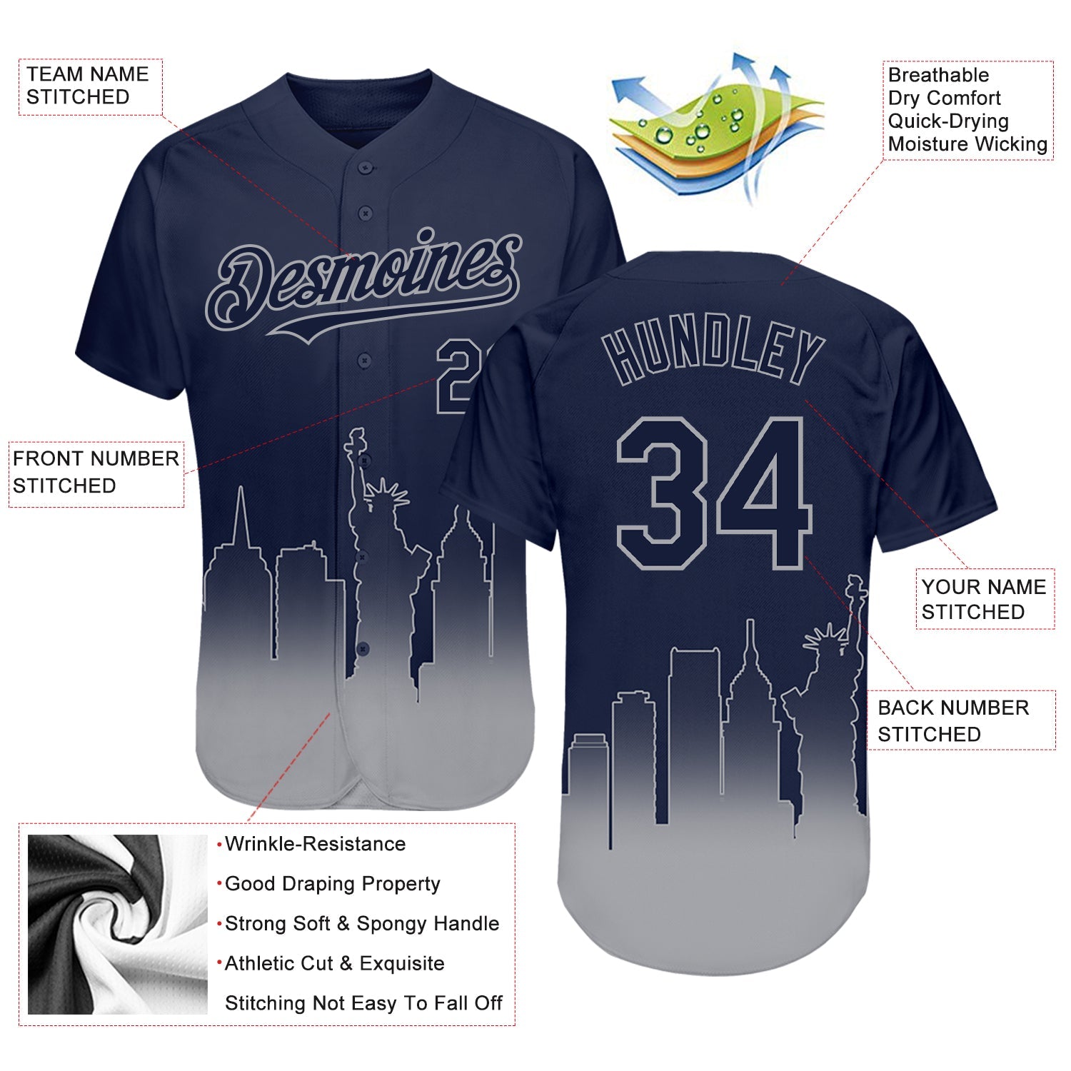 Custom Navy Gray 3D New York City Edition Fade Fasion Authentic Baseball Jersey - Sky-Custom