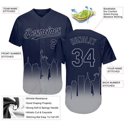 Custom Navy Gray 3D New York City Edition Fade Fasion Authentic Baseball Jersey - Sky-Custom