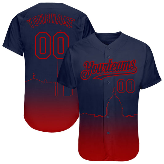 Custom Navy Red 3D Washington City Edition Fade Fasion Authentic Baseball Jersey - Sky-Custom