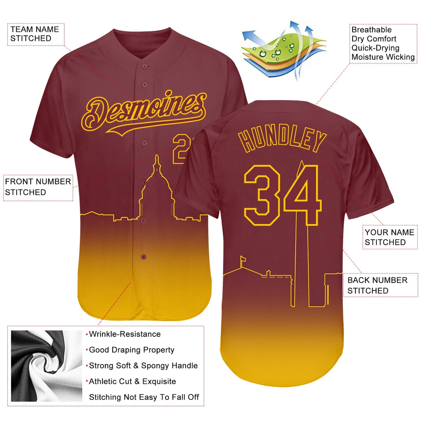 Custom Burgundy Yellow 3D Washington City Edition Fade Fasion Authentic Baseball Jersey - Sky-Custom