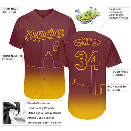 Custom Burgundy Yellow 3D Washington City Edition Fade Fasion Authentic Baseball Jersey - Sky-Custom