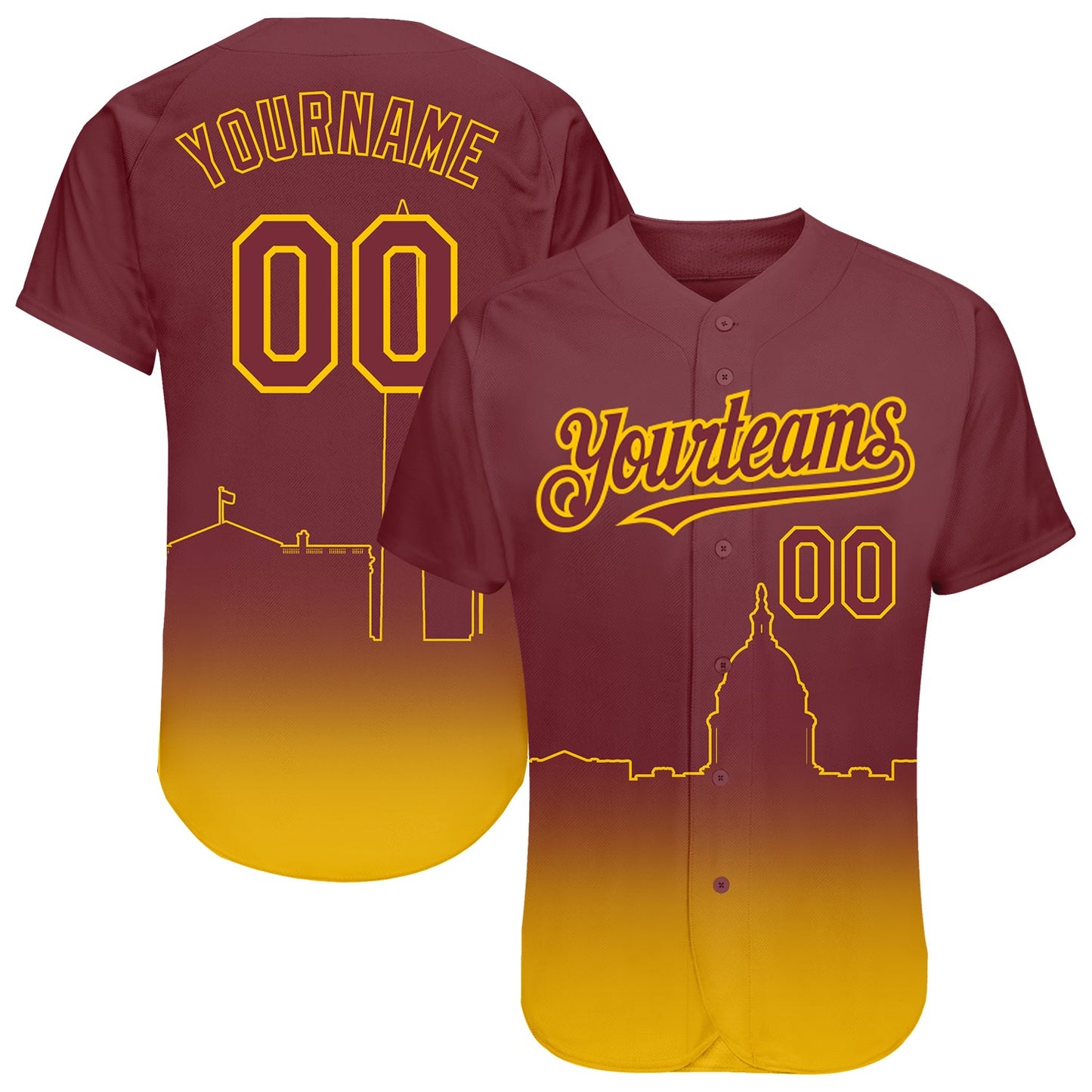 Custom Burgundy Yellow 3D Washington City Edition Fade Fasion Authentic Baseball Jersey - Sky-Custom