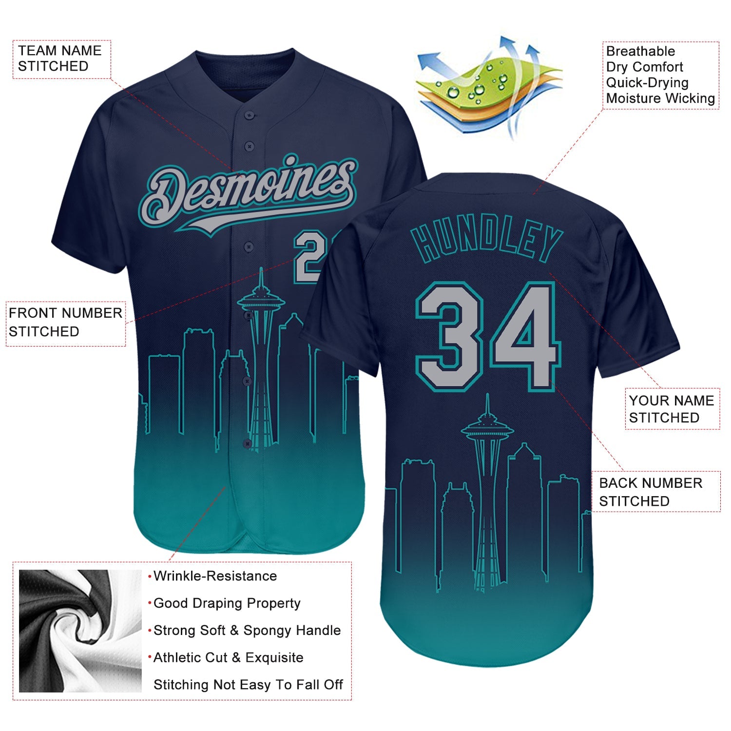 Custom Navy Gray-Teal 3D Seattle City Edition Fade Fasion Authentic Baseball Jersey - Sky-Custom