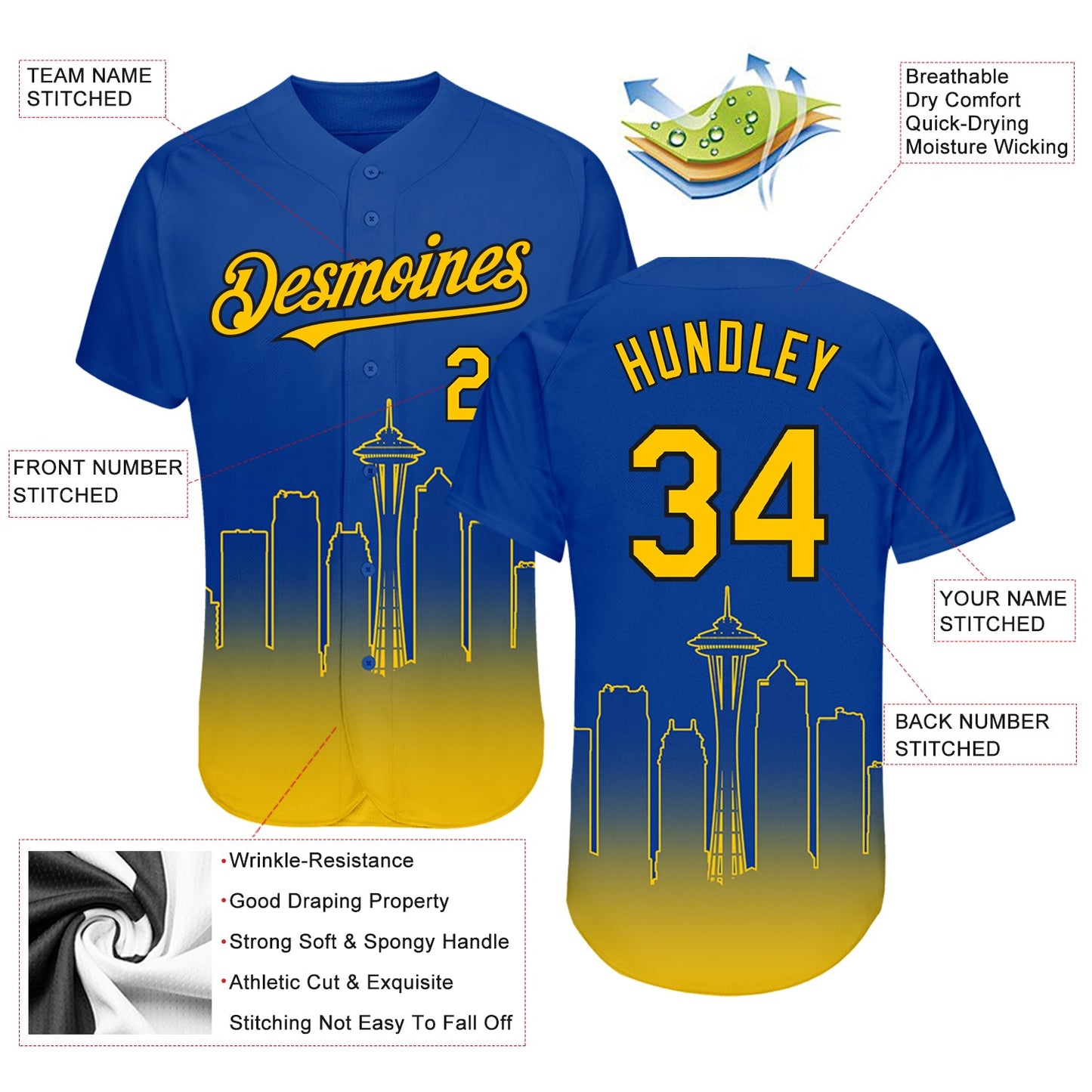 Custom Royal Yellow-Black 3D Seattle City Edition Fade Fasion Authentic Baseball Jersey - Sky-Custom