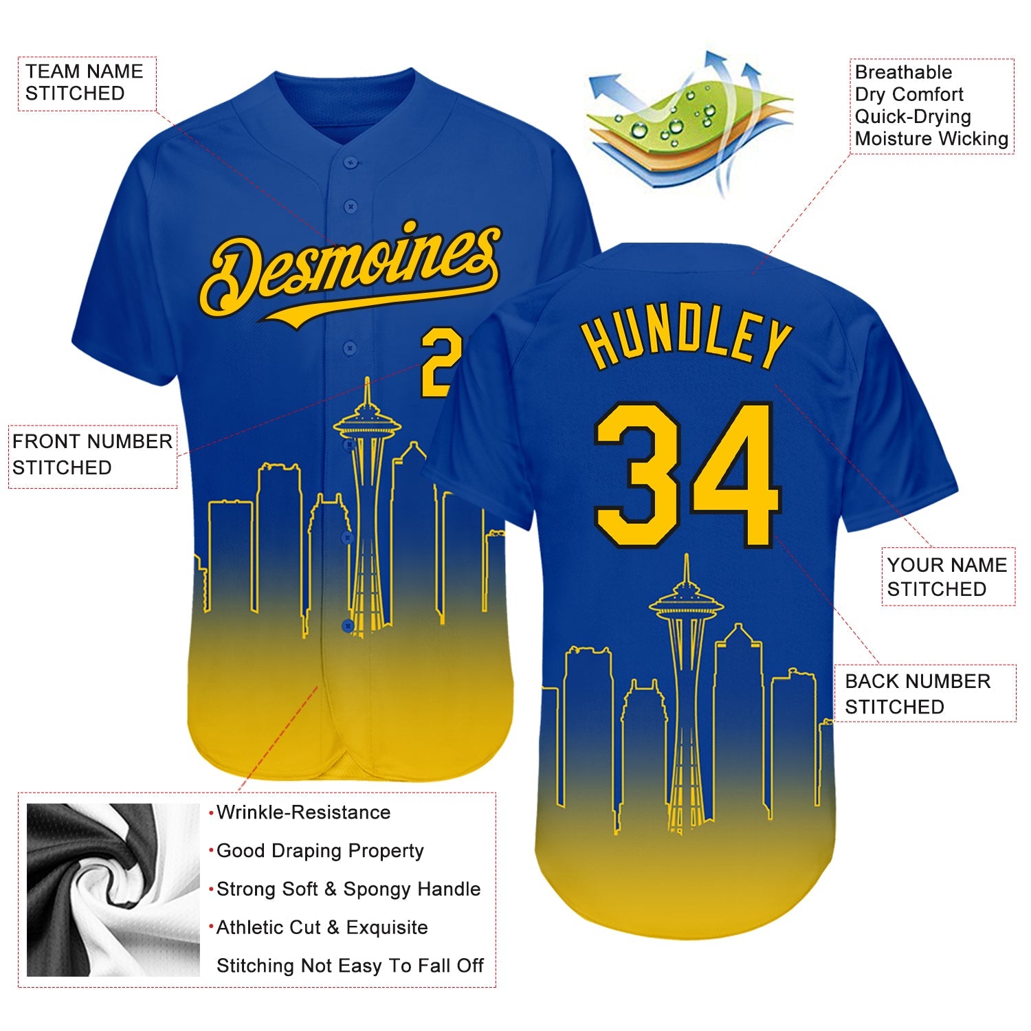 Custom Royal Yellow-Black 3D Seattle City Edition Fade Fasion Authentic Baseball Jersey - Sky-Custom