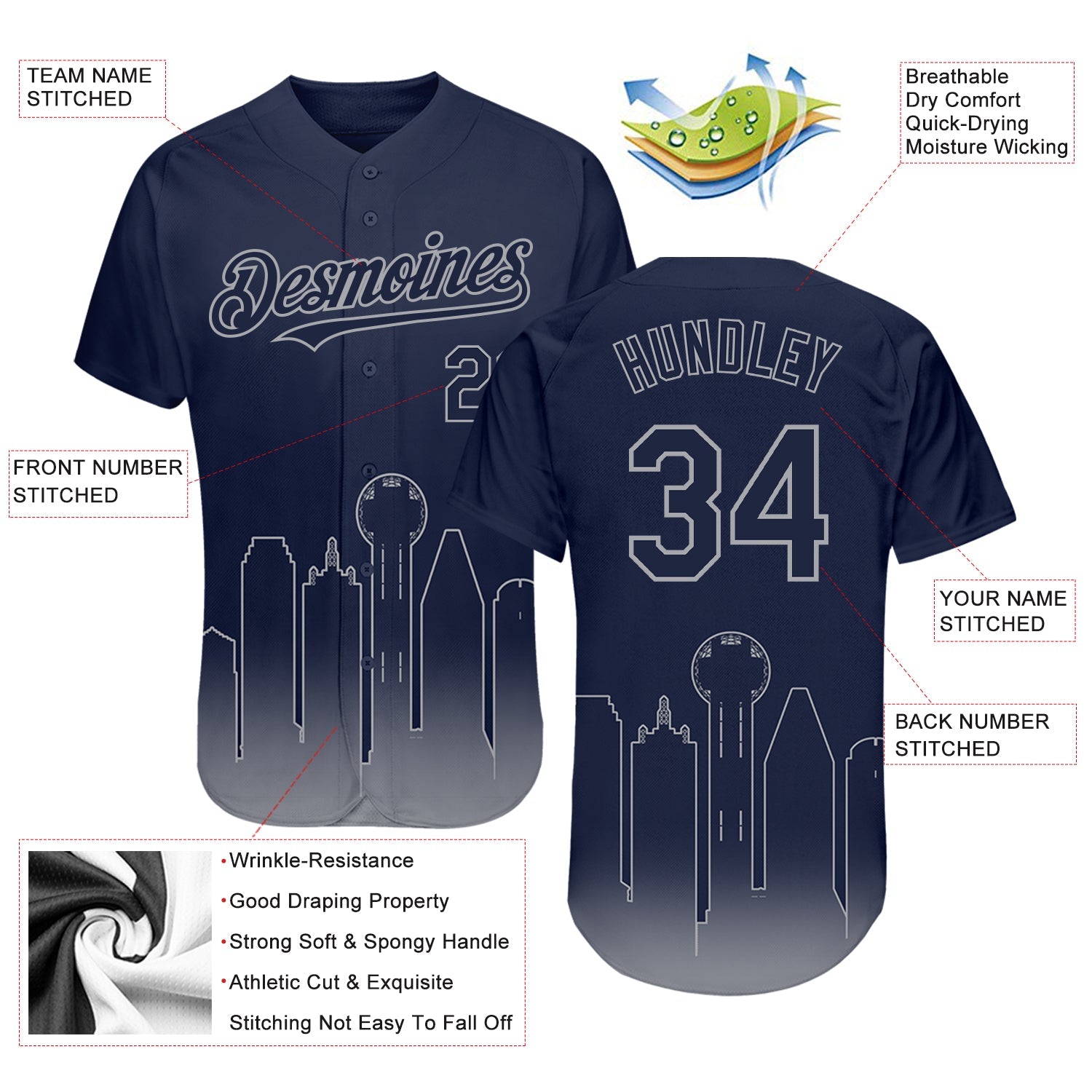 Custom Navy Gray 3D Dallas City Edition Fade Fasion Authentic Baseball Jersey - Sky-Custom