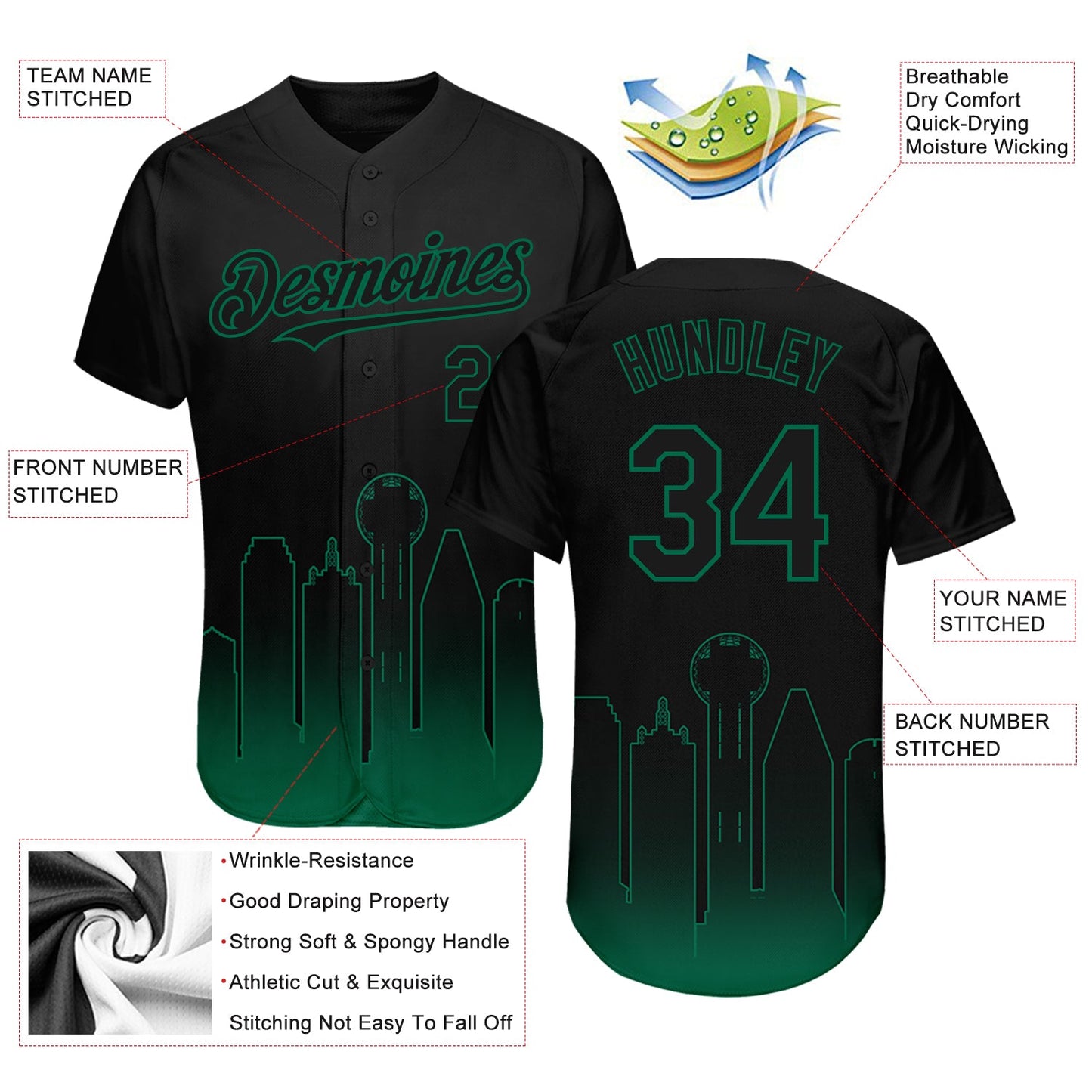 Custom Black Kelly Green 3D Dallas City Edition Fade Fasion Authentic Baseball Jersey - Sky-Custom