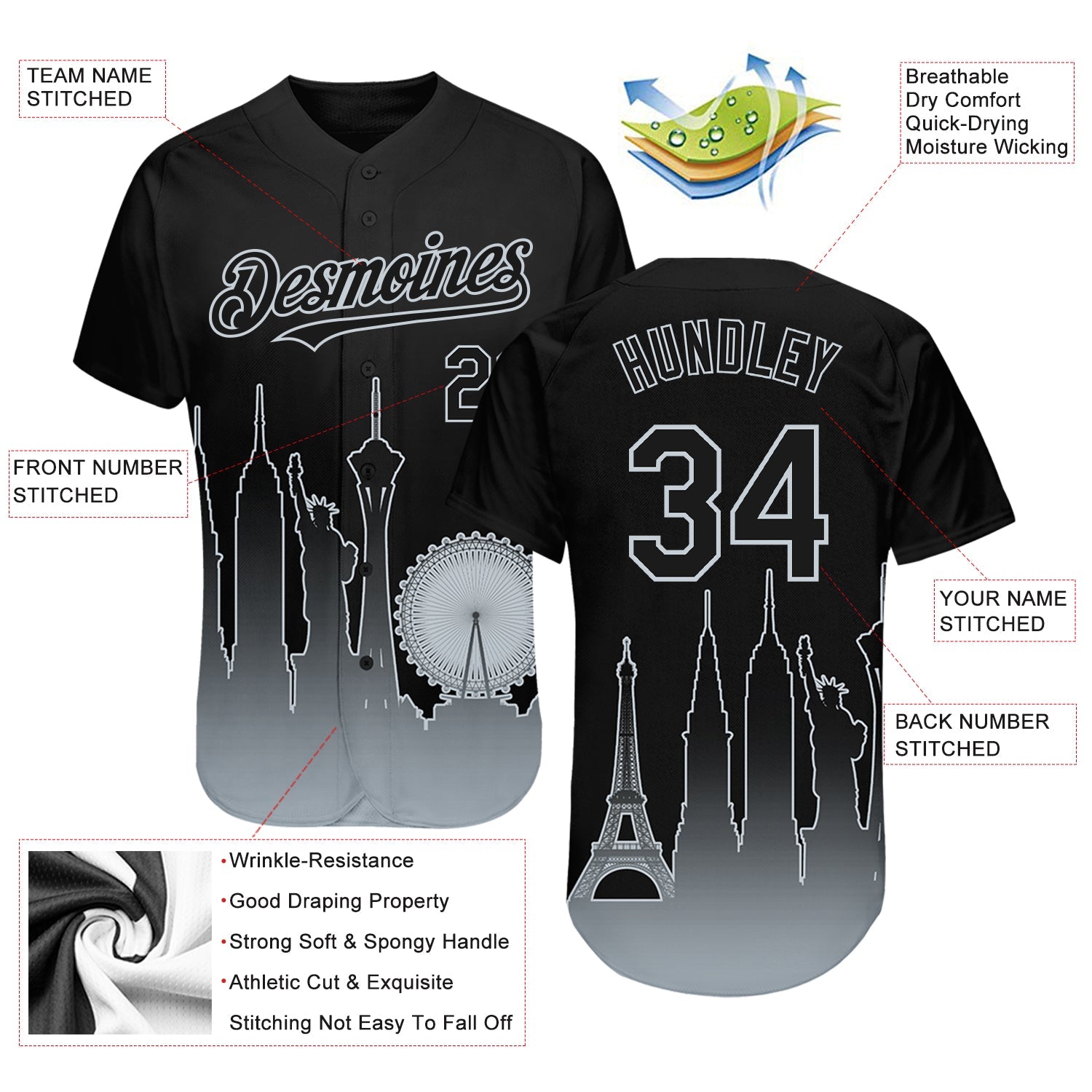 Custom Black Silver 3D Las Vegas City Edition Fade Fasion Authentic Baseball Jersey - Sky-Custom
