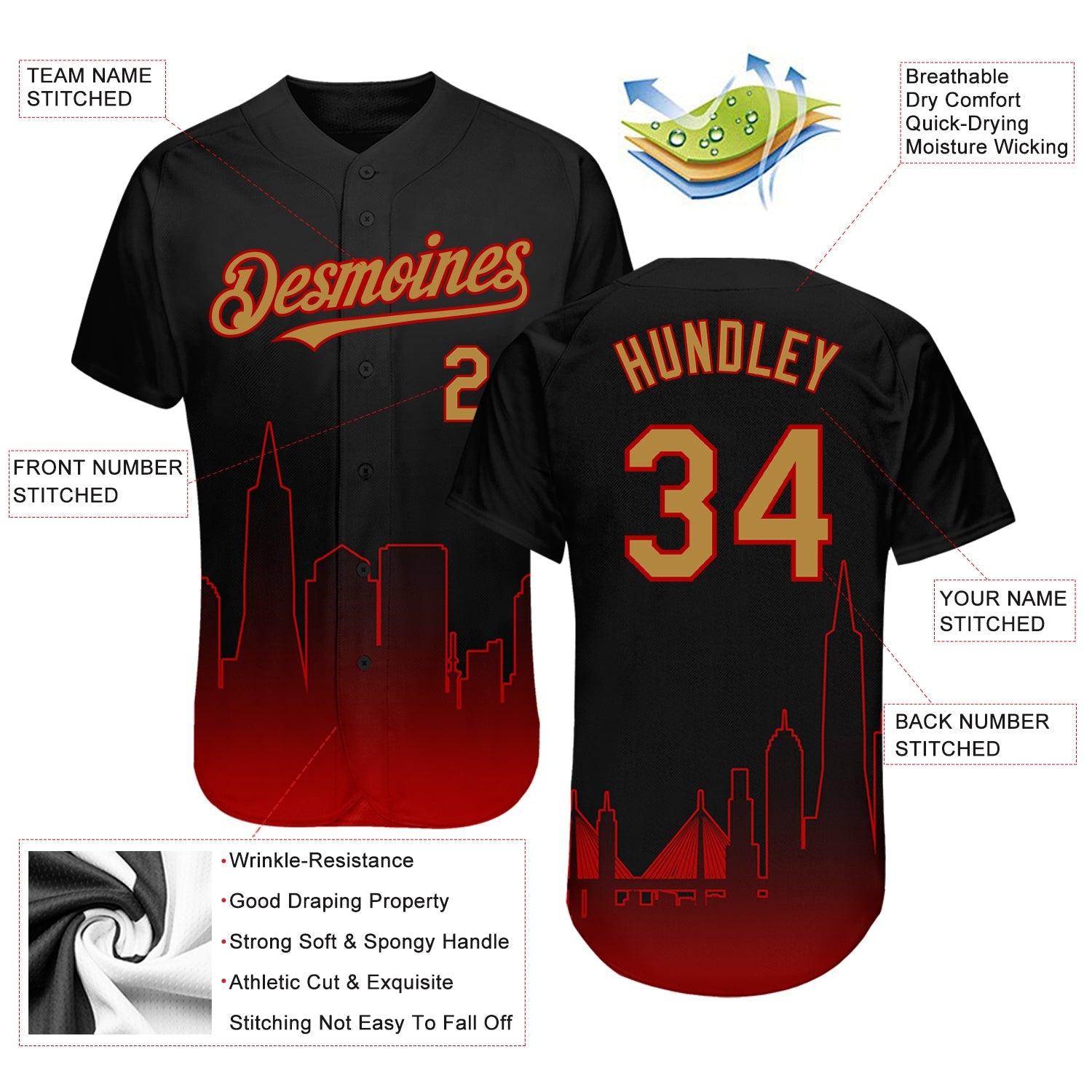 Custom Black Old Gold-Red 3D San Francisco City Edition Fade Fasion Authentic Baseball Jersey - Sky-Custom