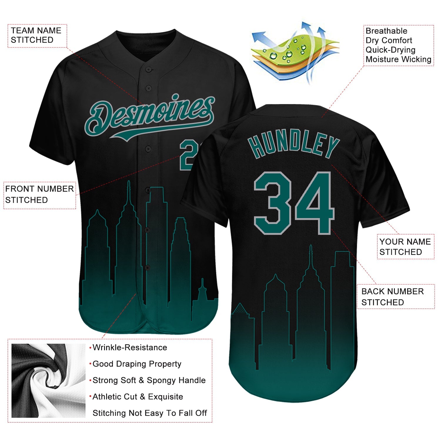Custom Black Midnight Green-Gray 3D Philadelphia City Edition Fade Fasion Authentic Baseball Jersey - Sky-Custom