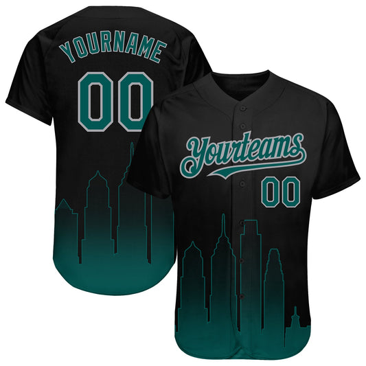 Custom Black Midnight Green-Gray 3D Philadelphia City Edition Fade Fasion Authentic Baseball Jersey - Sky-Custom
