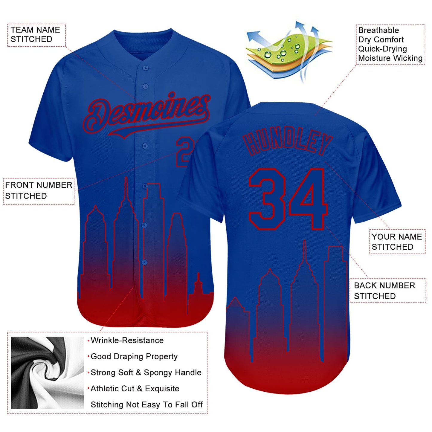 Custom Royal Red 3D Philadelphia City Edition Fade Fasion Authentic Baseball Jersey - Sky-Custom