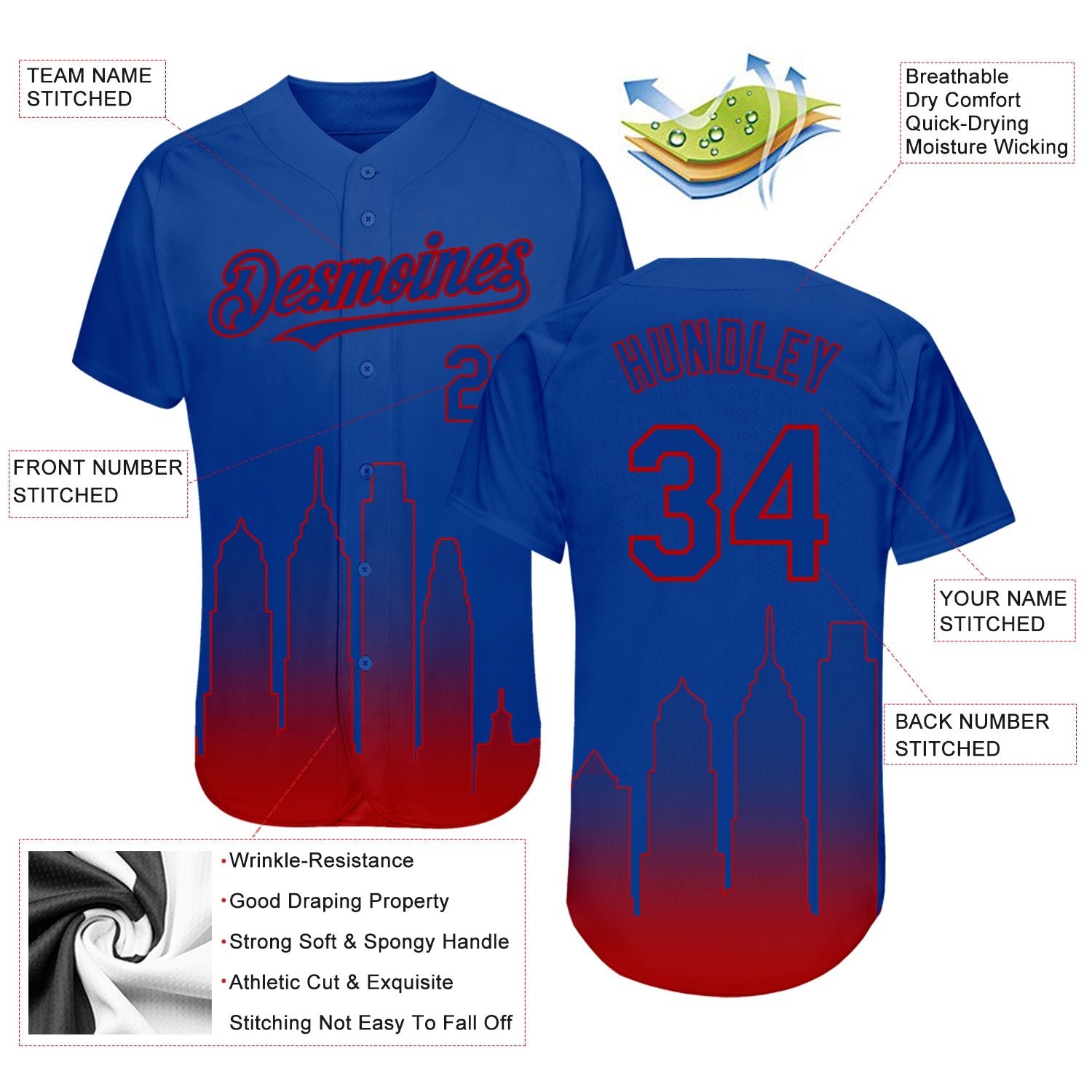 Custom Royal Red 3D Philadelphia City Edition Fade Fasion Authentic Baseball Jersey - Sky-Custom