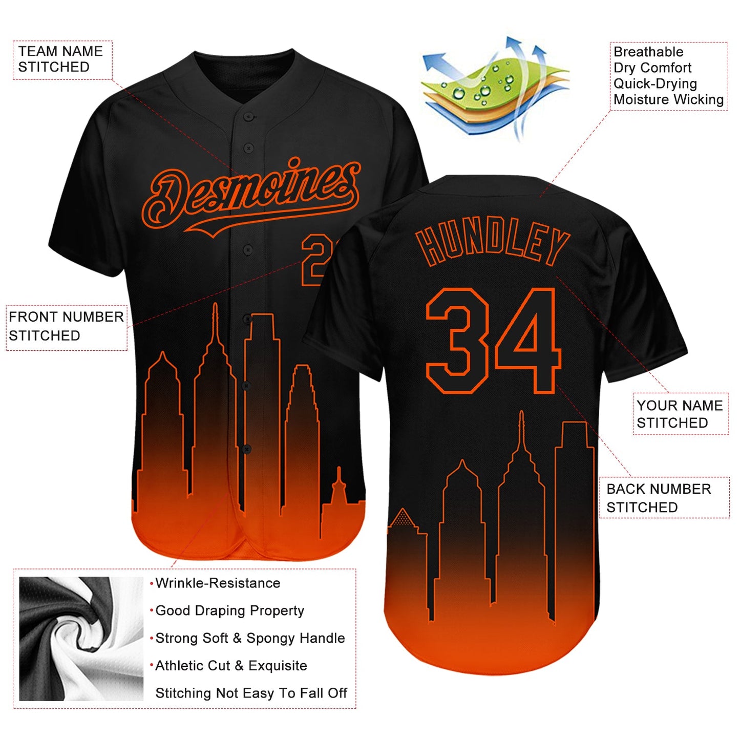 Custom Black Orange 3D Philadelphia City Edition Fade Fasion Authentic Baseball Jersey - Sky-Custom