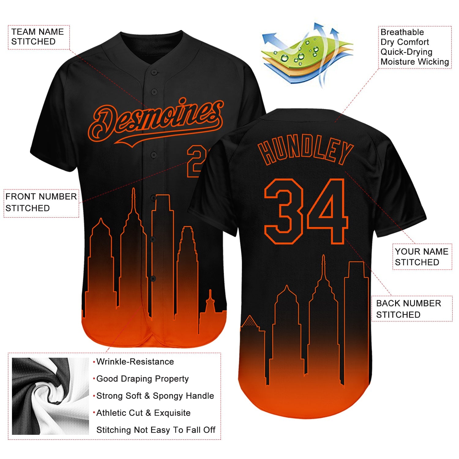 Custom Black Orange 3D Philadelphia City Edition Fade Fasion Authentic Baseball Jersey - Sky-Custom