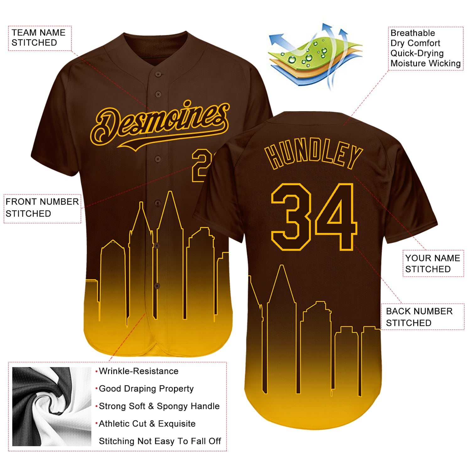 Custom Brown Gold 3D San Diego City Edition Fade Fasion Authentic Baseball Jersey - Sky-Custom