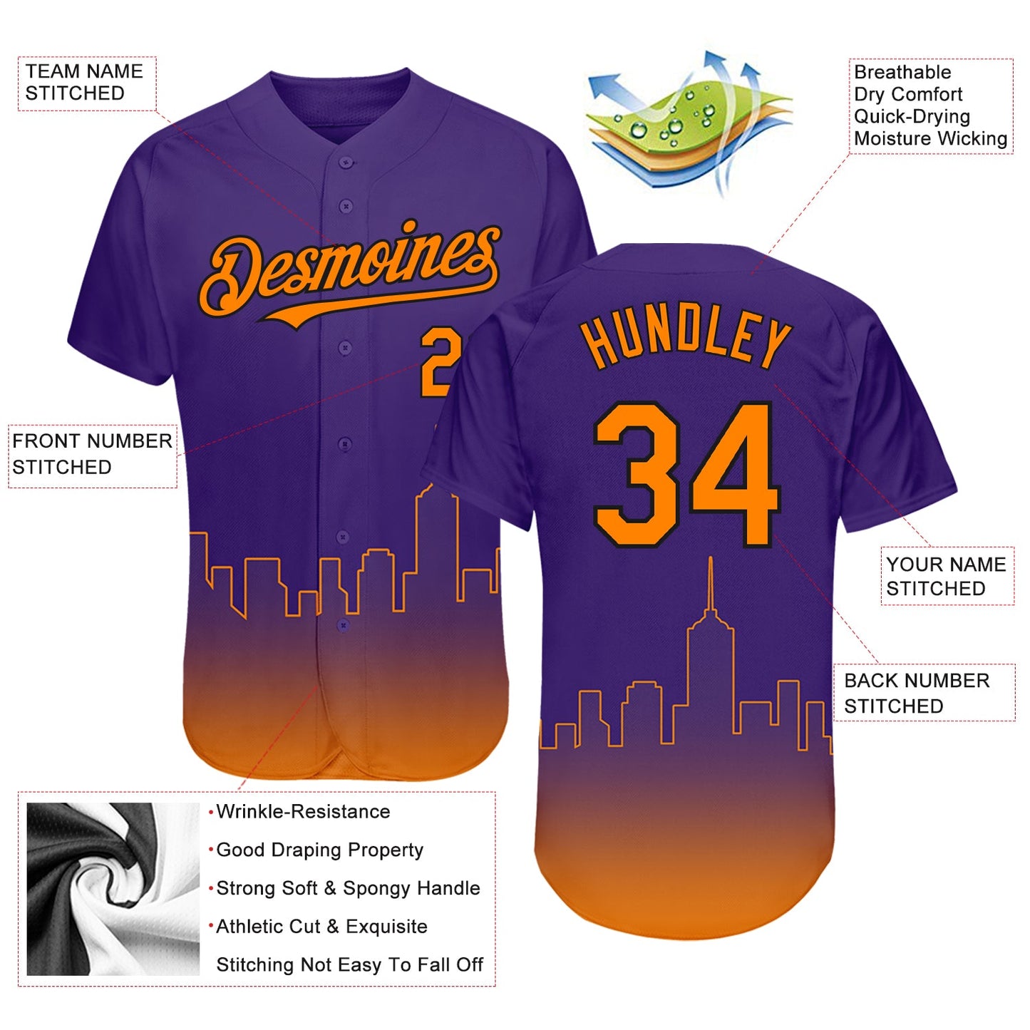Custom Purple Bay Orange-Black 3D Phoenix City Edition Fade Fasion Authentic Baseball Jersey - Sky-Custom