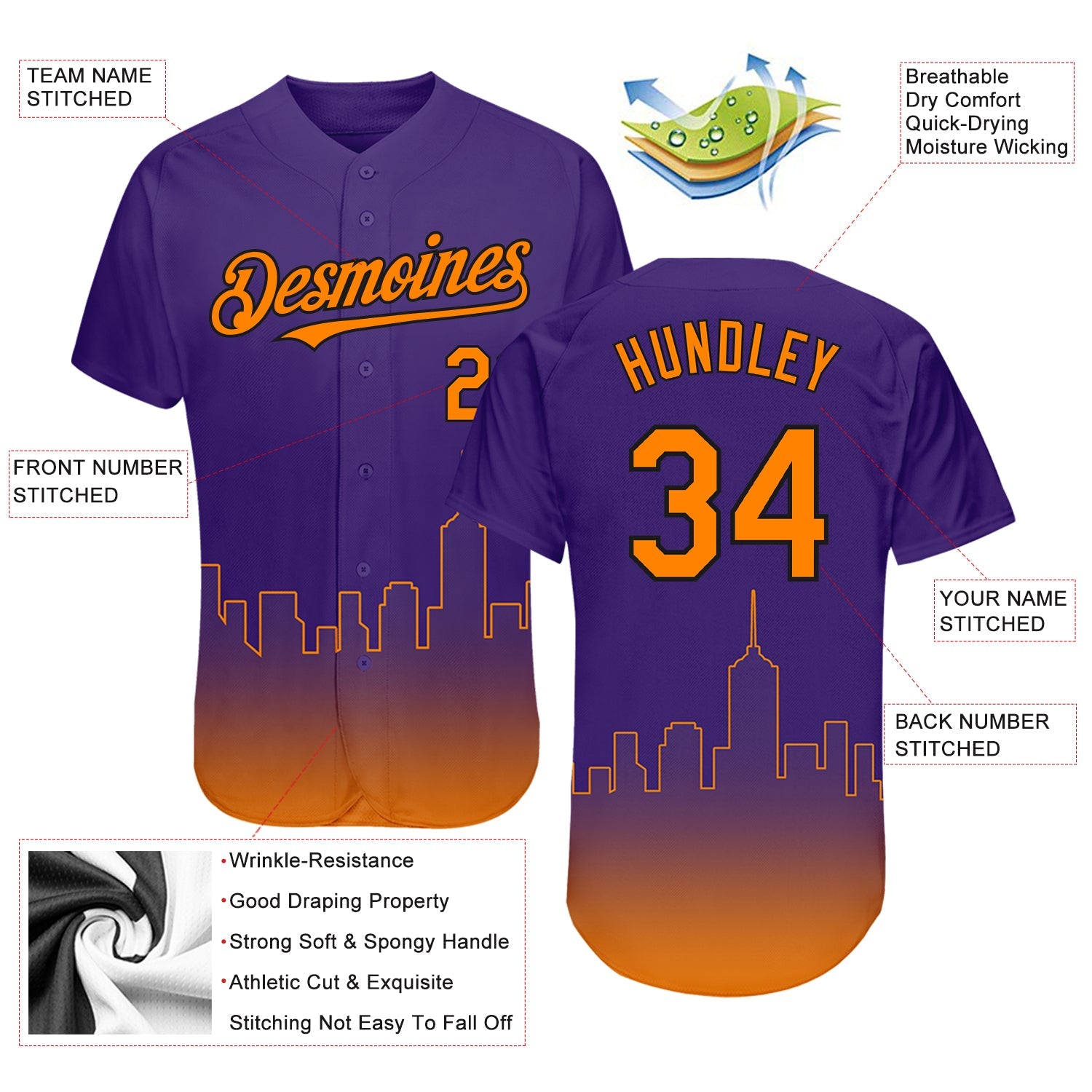 Custom Purple Bay Orange-Black 3D Phoenix City Edition Fade Fasion Authentic Baseball Jersey - Sky-Custom