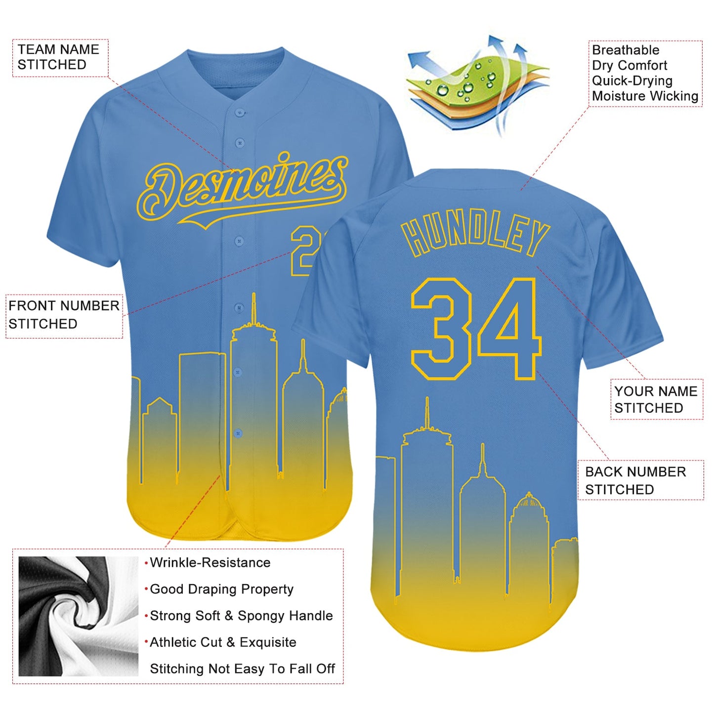 Custom Light Blue Yellow 3D Boston City Edition Fade Fasion Authentic Baseball Jersey - Sky-Custom